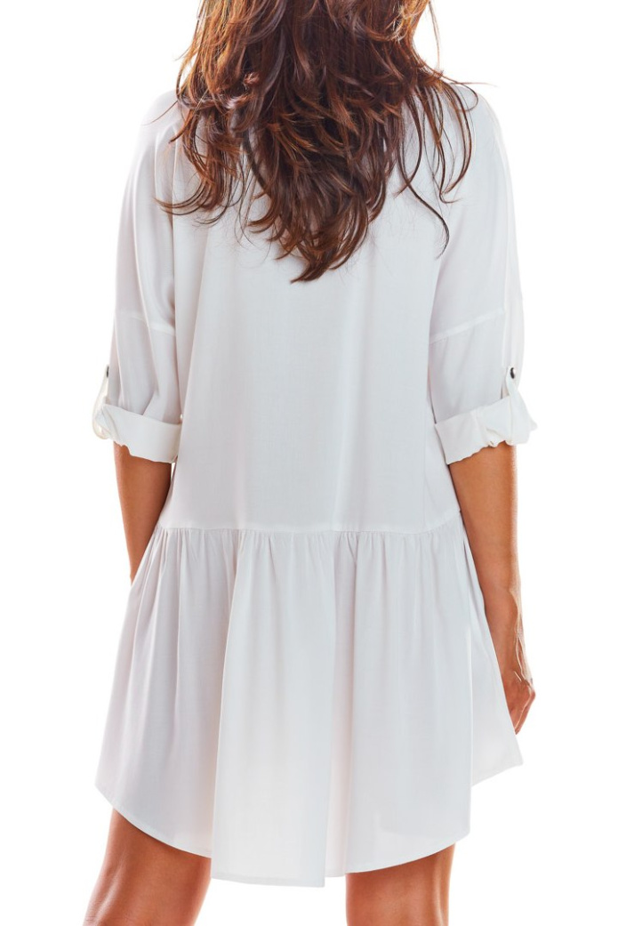 Sukienka Koszulowa Mini Z Wiskozy Trapezowa Zapinana - biała